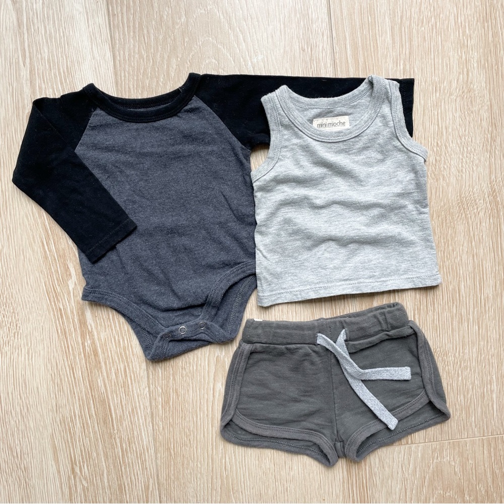 Mini Mioche 3pc Bundle Baby tank, bodysuit, shorts; 3-6m